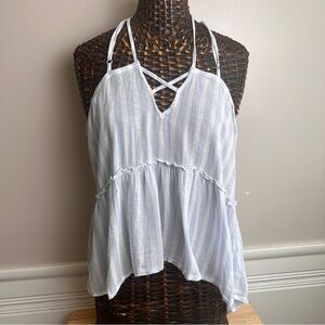 American Eagle Outfitters Light Blue & White Striped Crisscross Halter Top Sze M